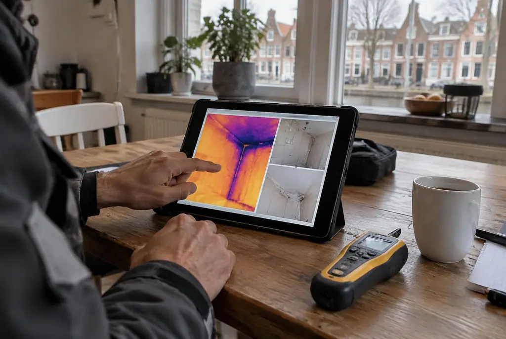 Lekdetectie Harmelen – lekdetectierapport met warmtebeelden en foto's op een tablet