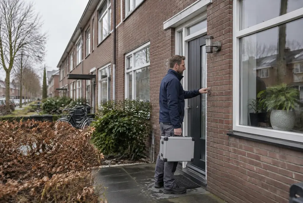 Lekdetectiespecialist met meetkoffer bij de voordeur van een woning in Harmelen